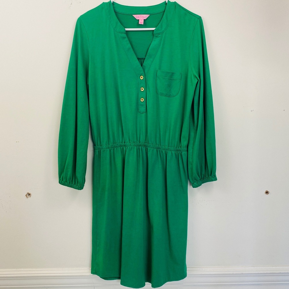 Lilly Pulitzer Dress S Green Pima Cotton Long Sleeve Knit Gold Buttons
